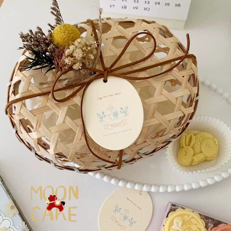 中秋圆形竹篮中式月饼礼盒包装盒烘焙广式流心月饼蛋黄酥伴手礼盒