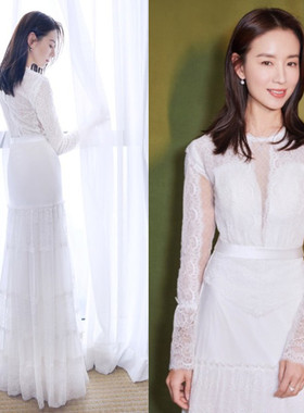 Julia&Julie董洁同款白色蕾丝镂空发布会晚宴礼服长裙蛋糕连衣裙