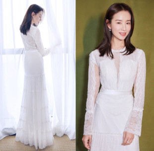 Julia&Julie董洁同款白色蕾丝镂空发布会晚宴礼服长裙蛋糕连衣裙