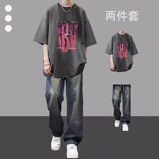 学生纯棉短袖印花T恤牛仔裤休闲运动套装ins大码裤子韩版半袖夏季