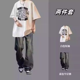 夏季学生直筒牛仔裤休闲运动套装搭配印花薄款潮流纯棉短袖T恤