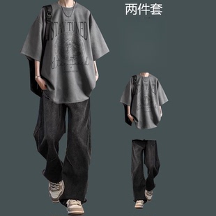 短袖短裤常规款T恤休闲运动套装帅气百搭夏季春夏时尚韩版牛仔裤