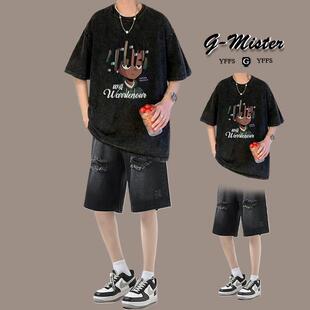 夏季纯棉印花短袖牛仔短裤青少年休闲运动套装大码潮流夏装裤ins