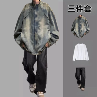 hiphop痞帅春秋季新款美式男装炸街高级感痞帅牛仔外套男一套搭配