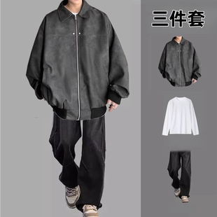 设计感牛仔裤套装男生秋冬款韩版皮衣夹克一套穿搭学生三件套秋冬