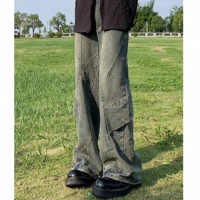 美式复古高街vibe牛仔裤男款解构拼接设计感做旧直筒微喇裤子男生