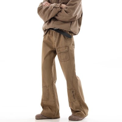美式高街复古卡其色宽松微喇牛仔裤男2025新款cleanfit直筒工装裤