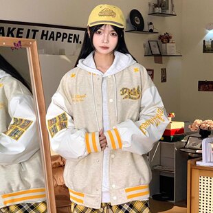 国潮牌美式复古刺绣撞色棒球服外套男春秋宽松oversize情侣夹克
