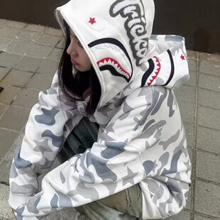 长款迷彩卫衣开衫连帽冬季防风拉链个性情侣宽松夹克春秋冬带帽