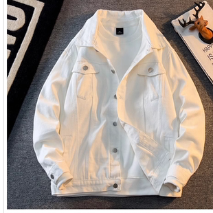 高级感痞帅白色牛仔外套男款春秋季复古宽松潮流休闲工装夹克男生