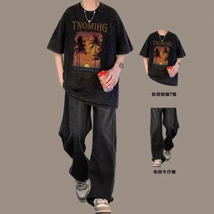 短袖休闲运动套装百搭宽松衣服套装男印花街头潮流时尚大码国潮