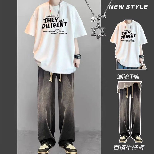 T恤短袖夏季直筒牛仔裤休闲运动套装青少年五分袖学生运动印花ins