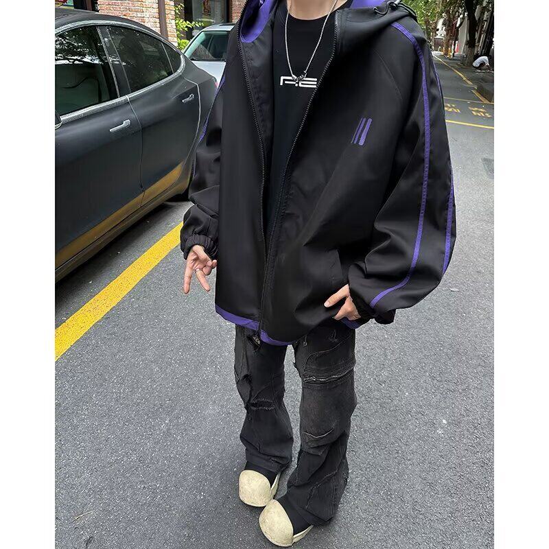 春秋拼色连帽冲锋衣外套男运动潮牌百搭痞帅港风休闲潮流防风夹克