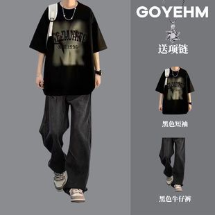 男短袖T恤夏季中腰休闲运动套装宽松帅气ins学生痞帅九分牛仔运动