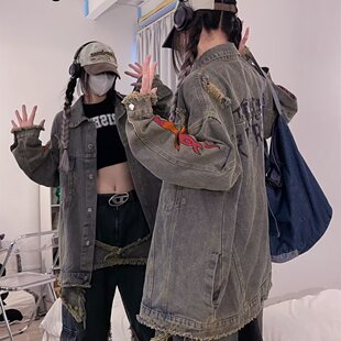 国潮复古火焰牛仔休闲外套男女春秋韩版夹克破洞做旧bf设计感上衣