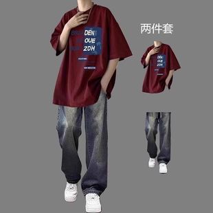 纯棉短袖T恤青年男牛仔裤休闲运动套装夏装百搭宽松潮流帅气学生