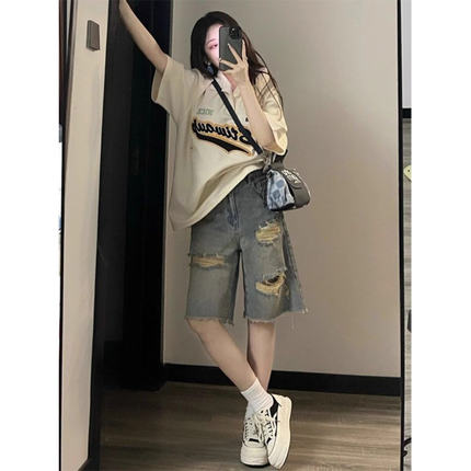 新款大码高腰百搭中性风牛仔短裤美式破洞牛仔裤女显瘦直筒五分裤