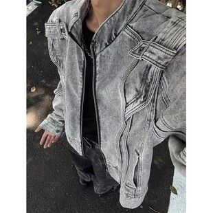 重工拼接设计感牛仔外套男cleanfit复古街头潮牌痞帅高级感夹克