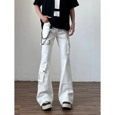 夏季白色绑带微喇牛仔裤男cleanfit美式高街vibe喇叭修身工装裤子