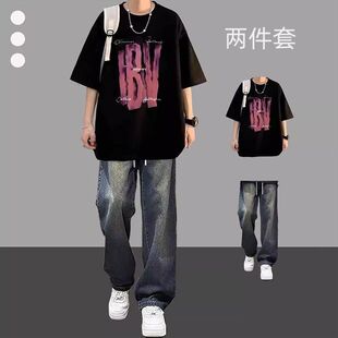 圆领夏季短袖T恤男士休闲运动套装大码潮流帅气韩版学生ins牛仔裤