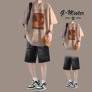 夏季短裤水洗短袖男休闲运动套装百搭日系韩版阔腿休闲牛仔短裤子