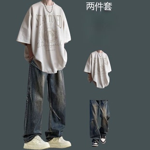 短袖T恤薄款男通用休闲运动套装痞帅阔腿牛仔ins男士潮流帅气九分