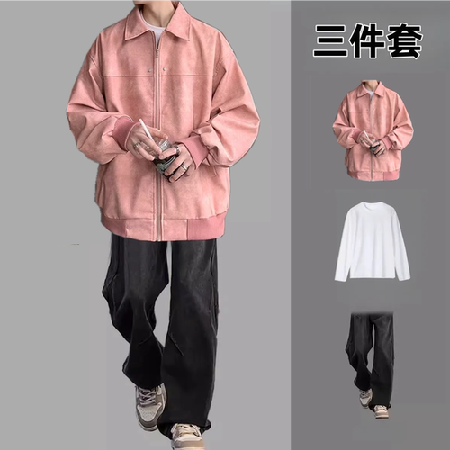 小香风外套男士套装春秋ins潮牌皮衣夹克高街一套搭配休闲三件套