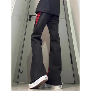 斜杠三条纹红黑撞色拼接显瘦微喇牛仔裤小众设计感美式工装直筒裤