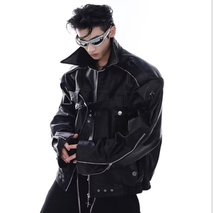 欧美潮牌廓形短款翻领皮衣夹克男款宽松百搭pu皮高街风机车服外套