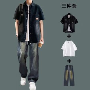 牛仔短袖外套衬衫男夏季休闲运动男生帅气薄款青少年潮流牛仔裤