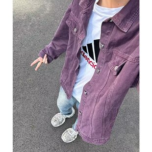 乌梅紫高级感痞帅春秋美式vintage复古水洗牛仔外套男短款夹克衫