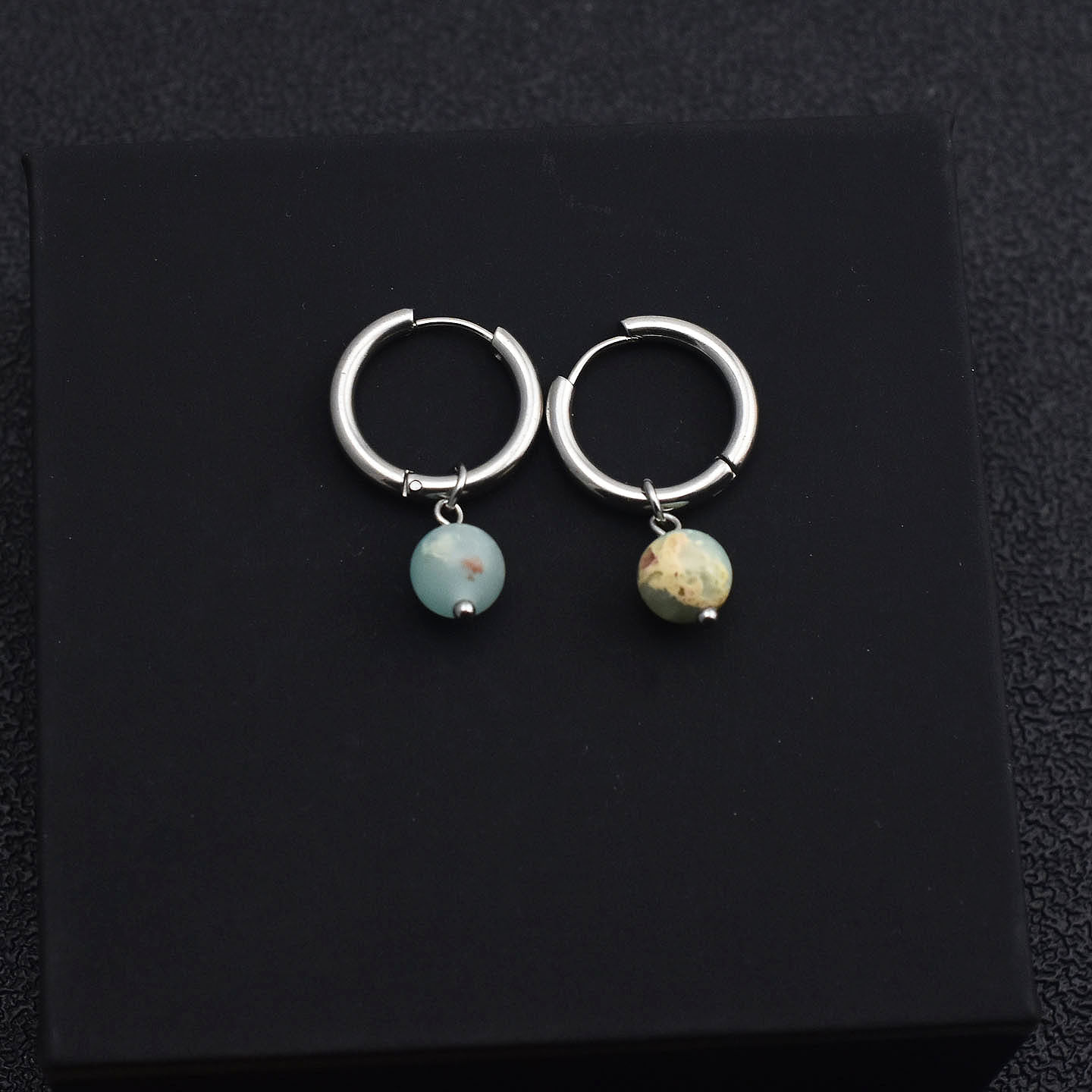 简约银色圆环耳环女天然石吊坠小众设计感耳饰寿山石耳饰耳夹男女