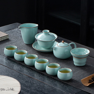 金镶玉 镜湖 仿宋汝窑茶具 整套家用陶瓷功夫茶具盖碗西施壶套组