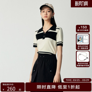 H·GENTEEL荷高新秋装女不规则黑白条纹POLO领时尚百搭短袖毛衫