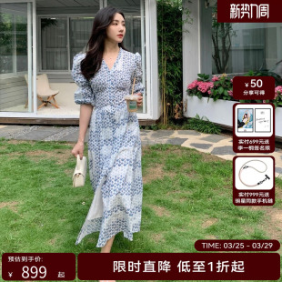 连衣裙HMC28750261 HPLY荷比俪22夏新款 女复古廓形宽腰封泡泡袖