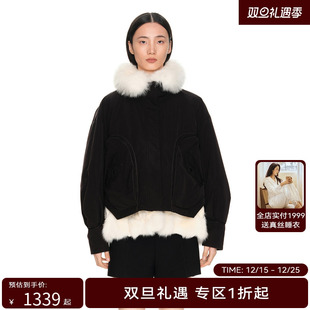 H·GENTEEL荷高2023年新款 女黑白拼接可脱卸毛领羽绒外套 冬装