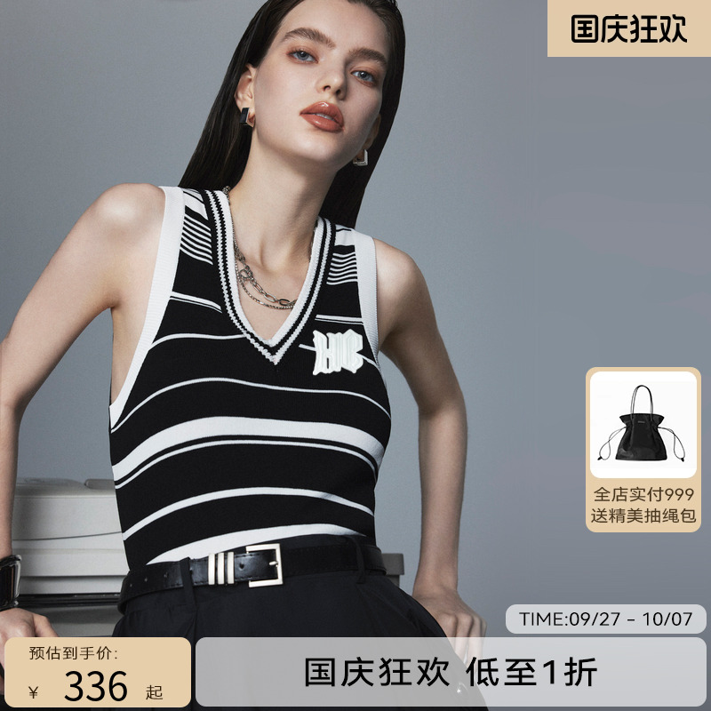 H·GENTEEL荷高新秋女高街假2件无袖针织背心宝藏黑色连衣裙