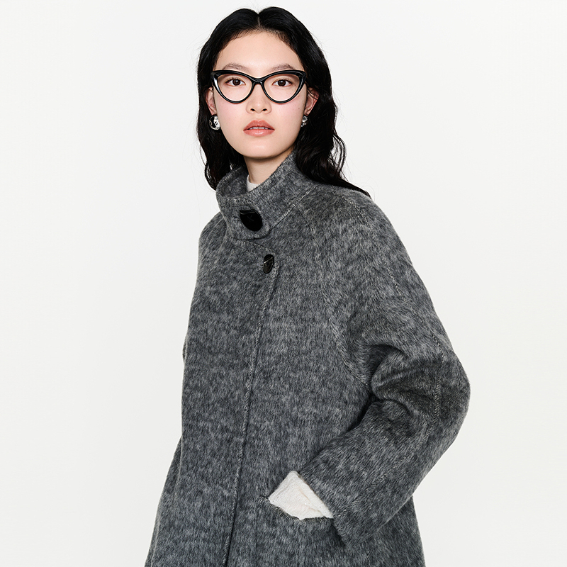 线上专享hply young冬季新款立领斜门襟气质中长款大衣