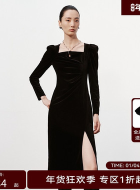 H·GENTEEL荷高新款冬装女链饰挂脖方领丝绒连衣裙GUE43750801