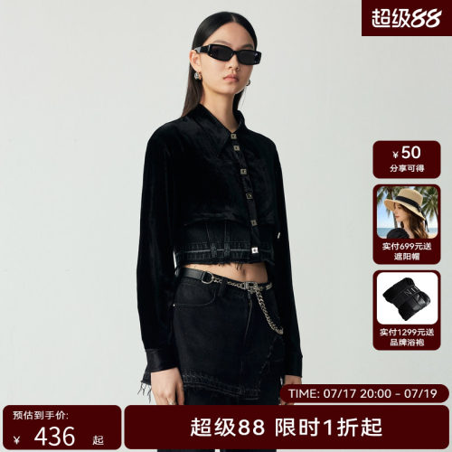 H·GENTEEL荷高23新秋装女宽松百搭黑色丝绒牛仔衬衣GCD33630605
