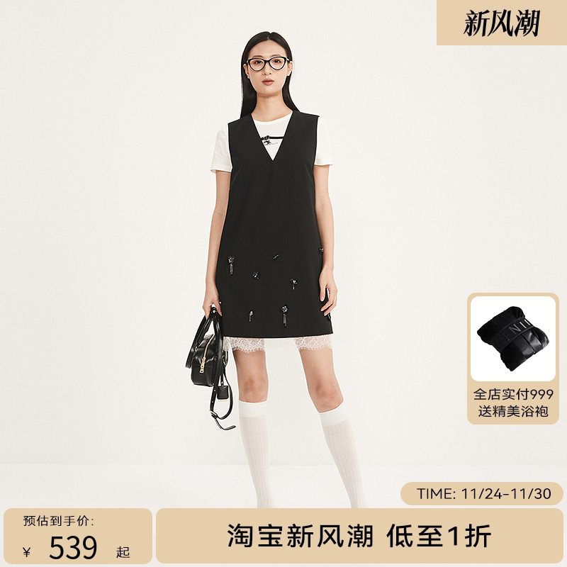 线上专享hply young荷比俪新款冬女不规则钉珠花朵拼接蕾丝马甲裙