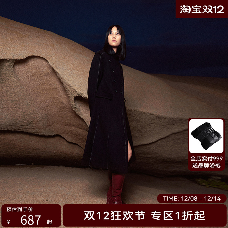 H·GENTEEL荷高年新款冬装女撞色装饰收腰设计大衣