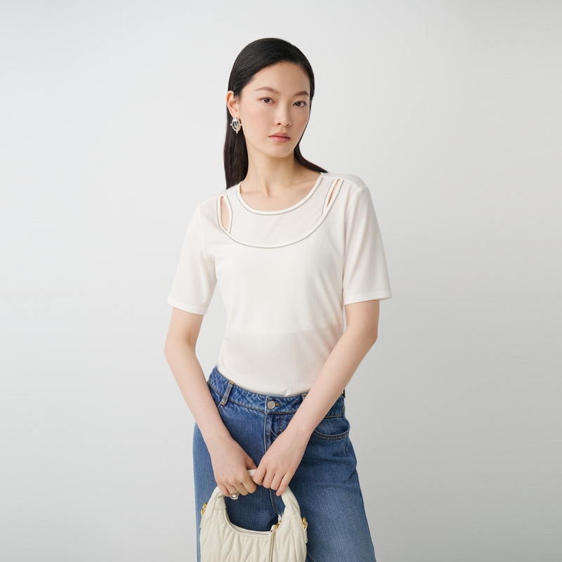 【商场同款】HPLY荷比俪夏季新款女罗纹镂空假两件钉珠装饰T恤