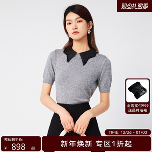 商场同款 短袖 HPLY荷比俪秋季 欧根纱蝴蝶领修身 毛衫 新款