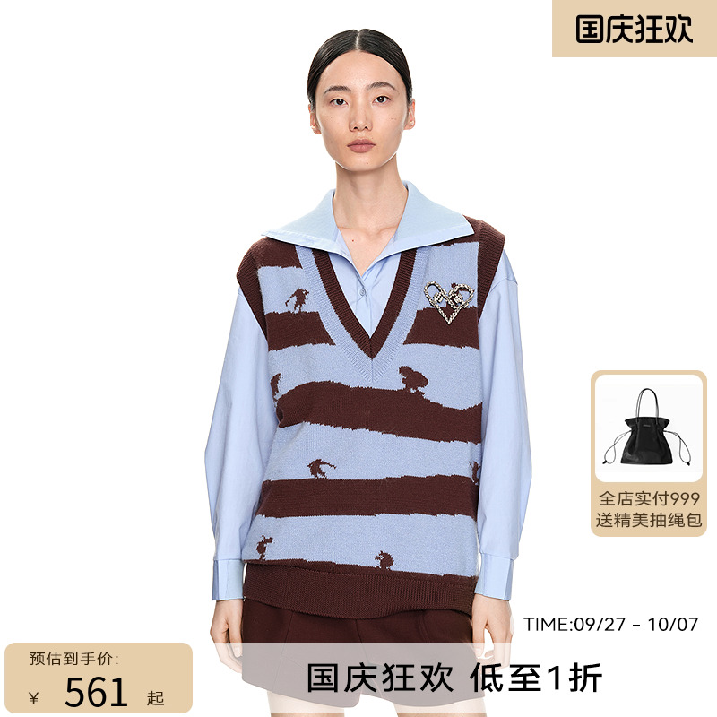 H·GENTEEL荷高2023年新款冬装女V领条纹宽松廓形图案针织衫