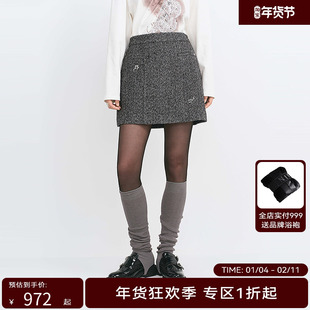 【商场同款】HPLY荷比俪冬季新款女自带打底裤钉钻花呢纹短裙