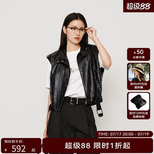 HPLY荷比俪2025秋新款女黑色皮质机车风无袖翻领腰带金属扣马甲