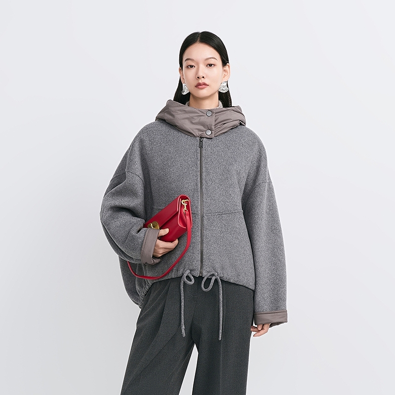 【商场同款】HPLY荷比俪冬季新款女连帽拼接可拆卸羽绒服外套