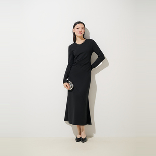 新款 商場同款 HPLY荷比儷2024秋季 女緞光一字小蕩領收腰連衣裙