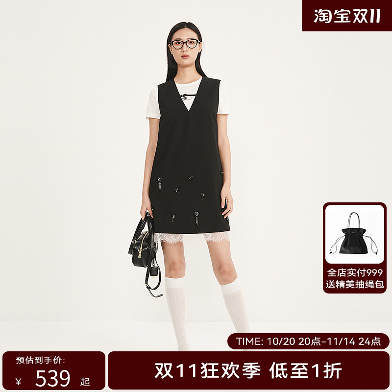 线上专享hply young荷比俪新款冬女不规则钉珠花朵拼接蕾丝马甲裙